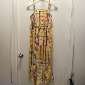 Bombay Paisley 100% cotton plaid maxi dress in yellow/pink/orange/green. Size XS